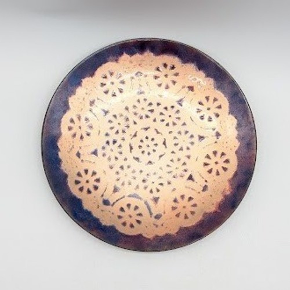 Vintage MCM Enamel on Copper Dish Plate 5.75" Abstract Bright Texture Signed